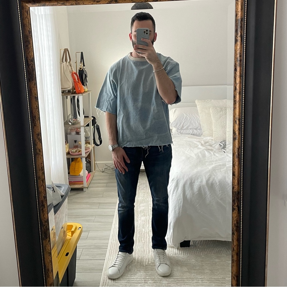 ZARA Men’s Light Wash Denim Tee Distressed Raw Hem Oversized Crew Neck Shirt